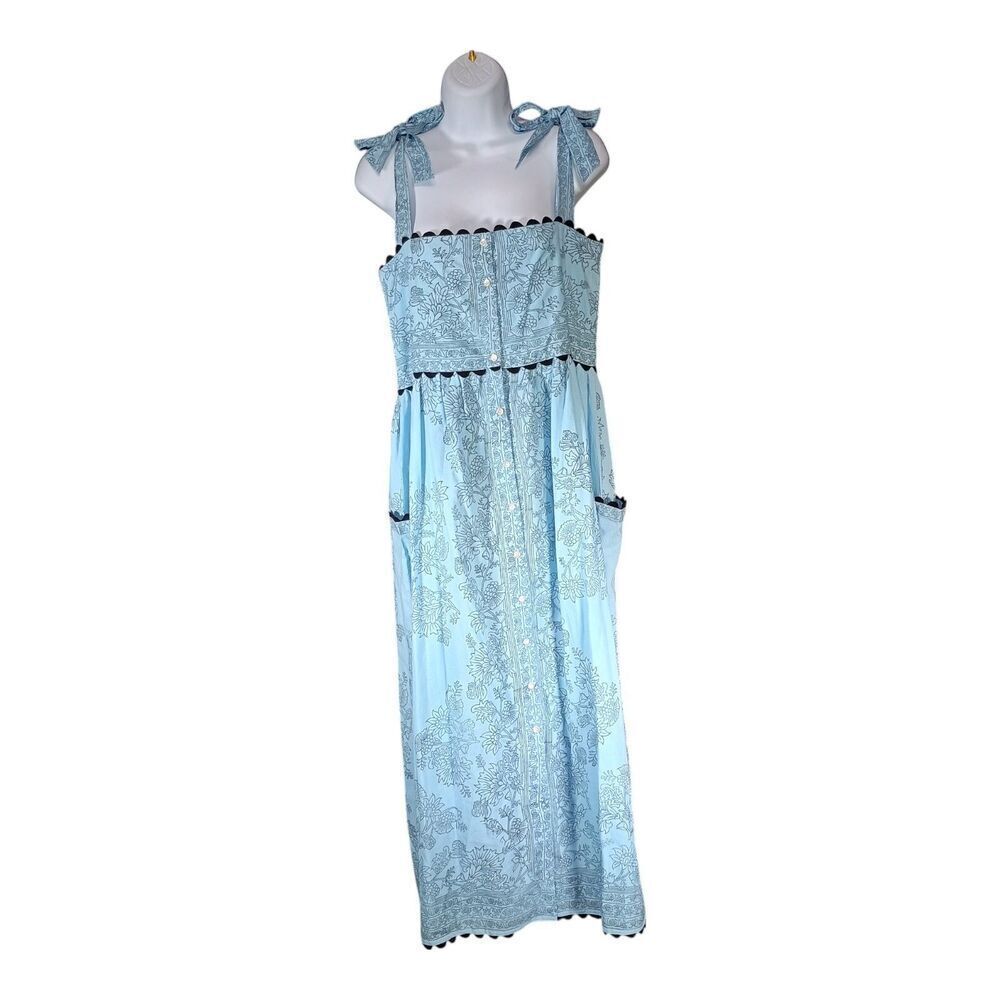 Juliet Dunn Tuckernuck Midi Dress Tie Shoulder Cotton Button Blue Black US 6-8